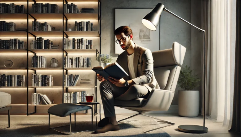 Man reading a book in modern setting